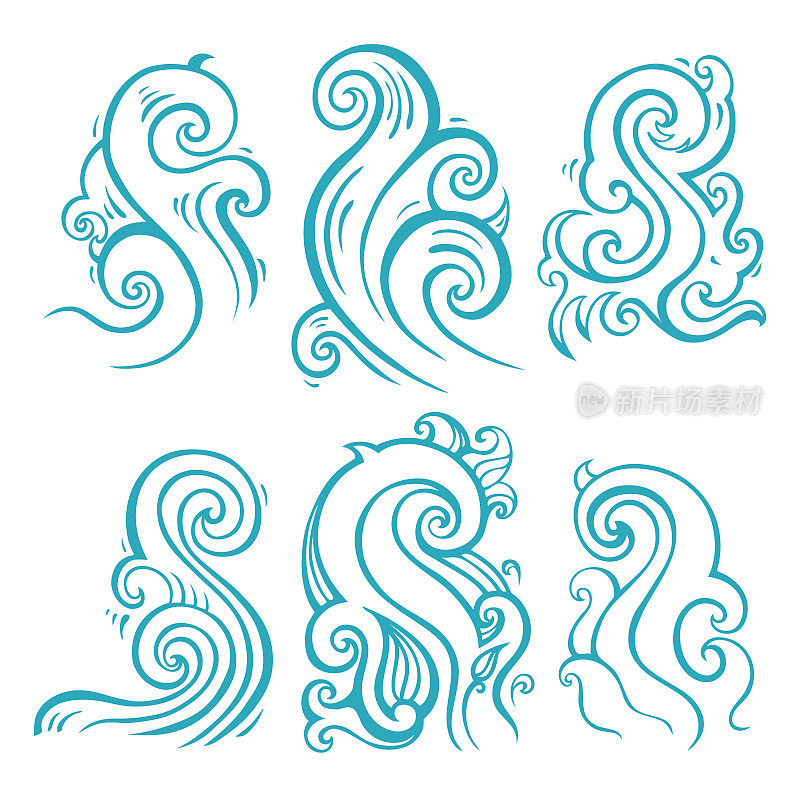 Ocean waves set, Hand drawn illustration